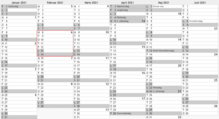 Gratis Excel-Kalender for 2021